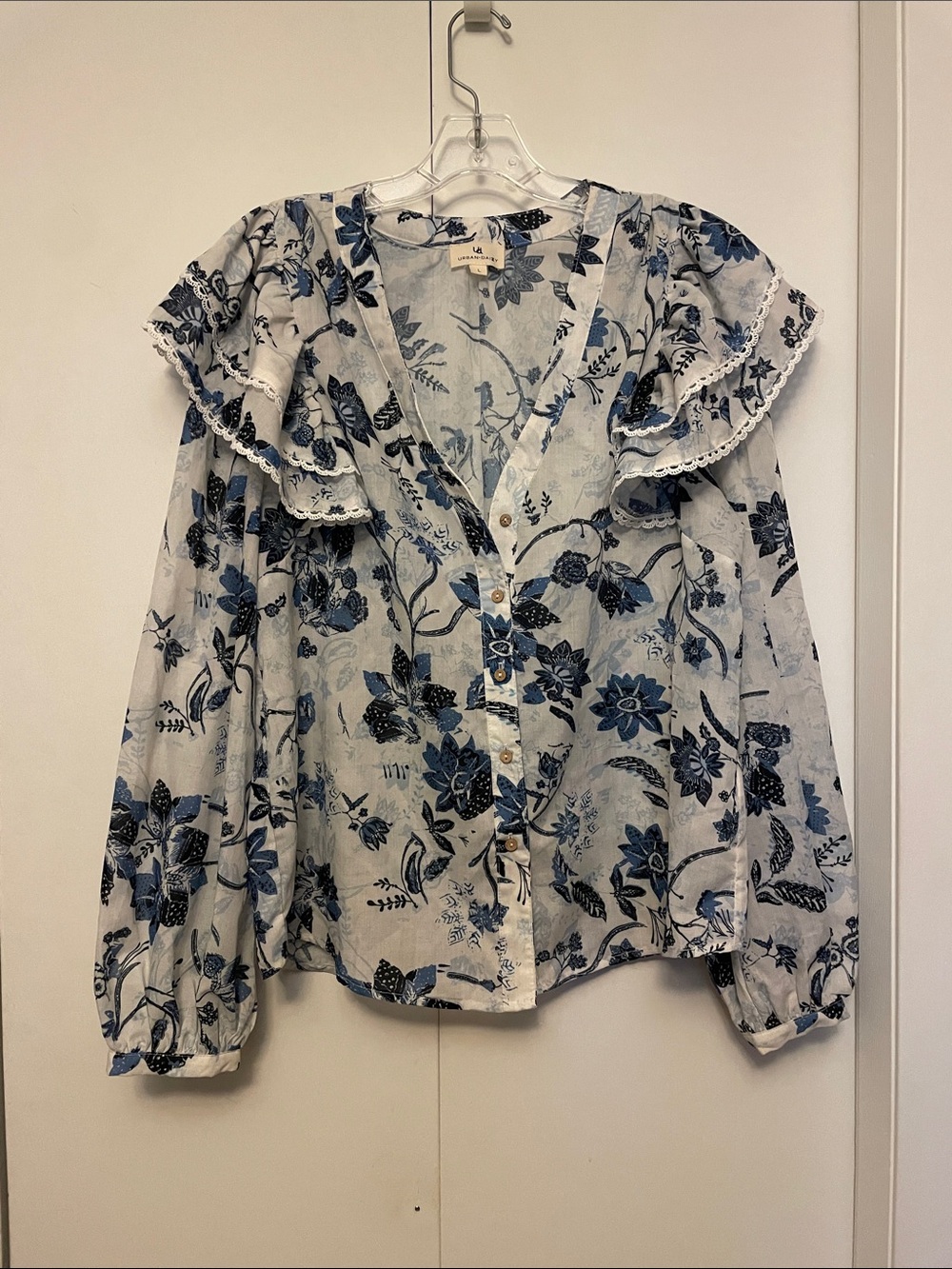 Blue Floral Button-Front Ruffle Blouse